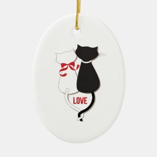 Ornement Ovale En Céramique Deux chats amoureux, Rouge, Noir, Cœurs