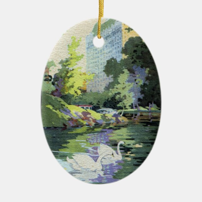 Ornement Ovale En Céramique Deux cygnes dans le lac central Park (Devant)