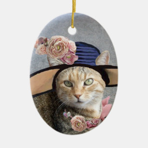 Ornement Ovale En Céramique ÉLÉGANT CHAT, GRAND CHAPEAU DE DIVA, ROSES Souveni