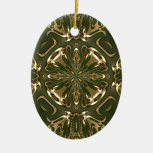 Ornement Ovale En Céramique Élégant Kaleidoscope Vert Et Or Rétro