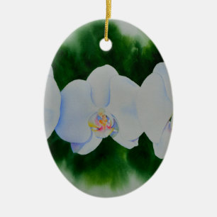 Ornement Ovale En Céramique Elégante peinture d'orchidée tropicale blanche