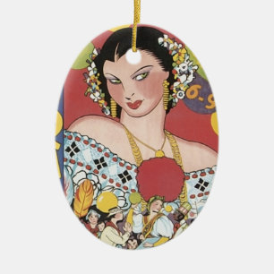 Ornement Ovale En Céramique Femme 1937 du Panama Carnaval de cru