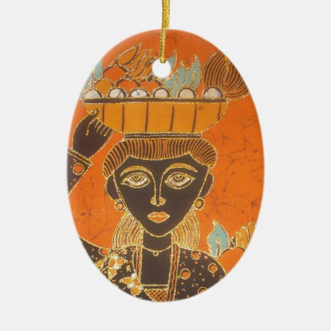 Ornement Ovale En Céramique Femme africaine portant panier d'art (Devant)