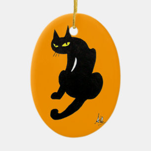 ORNEMENT OVALE EN CÉRAMIQUE FÊTE D'HALLOWEEN CHAT NOIR