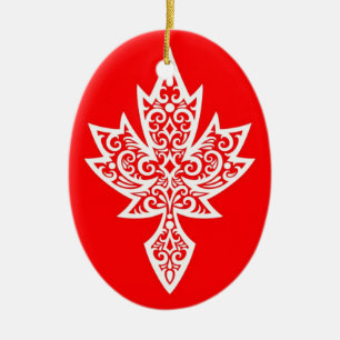 Ornement Ovale En Céramique Feuille d'érable canadienne rouge et blanche