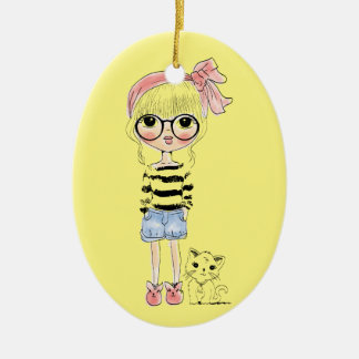 Ornement Ovale En Céramique Fille mignonne avec les verres ronds et son chat