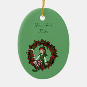 Ornement Ovale En Céramique Fille mignonne Elf Poinsettia Vacances de couronne