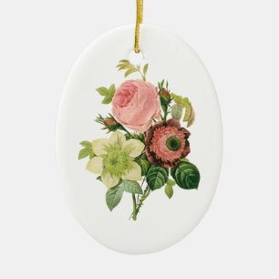 Ornement Ovale En Céramique Fleurs Vintage, Anémones Roses Clematis par Redout