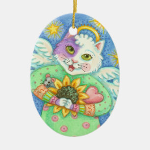 Ornement Ovale En Céramique GUARDIAN ANGEL, CHRISTMAS CAT ORNAMENT Oval
