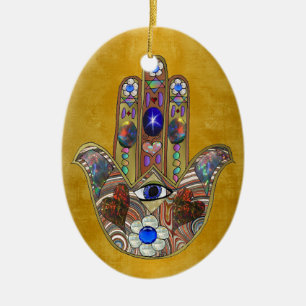 Ornement Ovale En Céramique Hamsa Cœurs Fleurs Opale Art sur Or