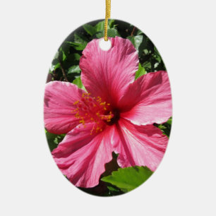 Ornement Ovale En Céramique Hibiscus rose foncé