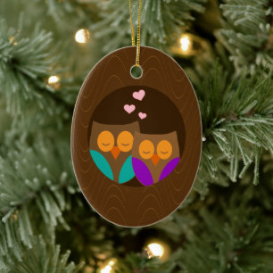 Ornement Ovale En Céramique Hiboux dans un nid