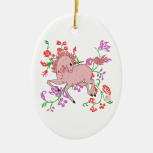 Ornement Ovale En Céramique Joli cheval de licorne de rose d'imaginaire en