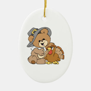 Ornement Ovale En Céramique joli ours en peluche pèlerin avec dinde