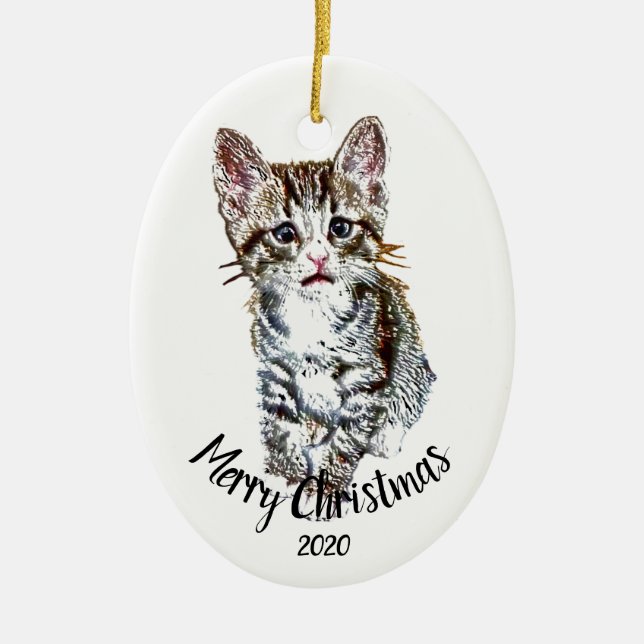 Ornement Ovale En Céramique Kitten personnalisé chat animal Joyeux Noël (Devant)