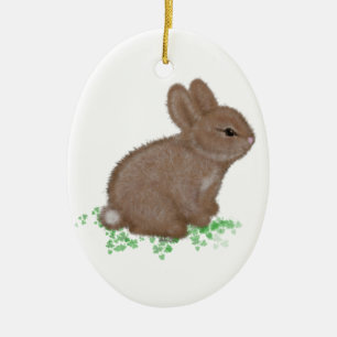 Ornement Ovale En Céramique Lapin adorable dans du trèfle