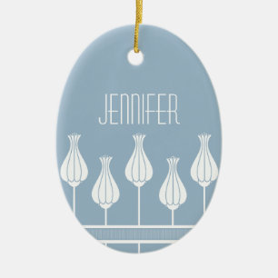 Ornement Ovale En Céramique Light Blue Art Deco Floral Oval Ornament