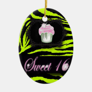 Ornement Ovale En Céramique Lime Green Zebra imprimé Sweet 16 Cadeau Ornament