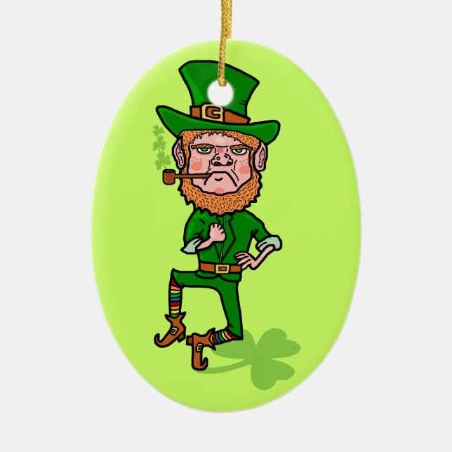 Ornement Ovale En Céramique Lutin irlandais chanceux fâché drôle (Devant)