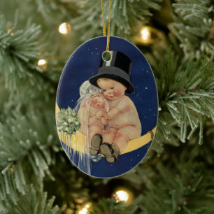 Ornement Ovale En Céramique Mariage Vintage, Joli Marié et Mariée sur une Lune