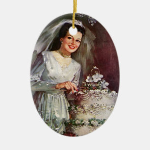 Ornement Ovale En Céramique Mariage Vintage, Mariée coupant le gâteau de maria