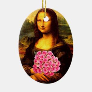 Ornement Ovale En Céramique Mona Lisa With Bouquet Of Pink Roses