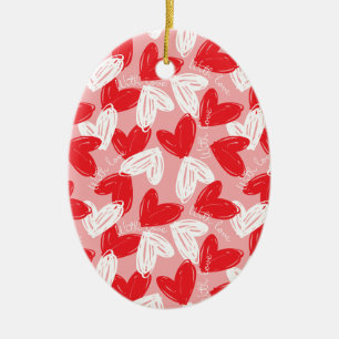 Ornement Ovale En Céramique Motif rouge et blanc moderne mignon de coeurs
