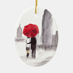 Ornement Ovale En Céramique New York amour couple rouge parapluie NYC aquarell