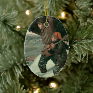 Ornement Ovale En Céramique Noël vintage, père et fils coupent un arbre