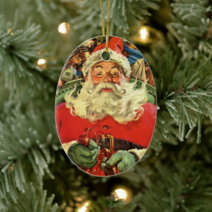Ornement Ovale En Céramique Noël Vintage Santa Claus à Sleigh avec jouets