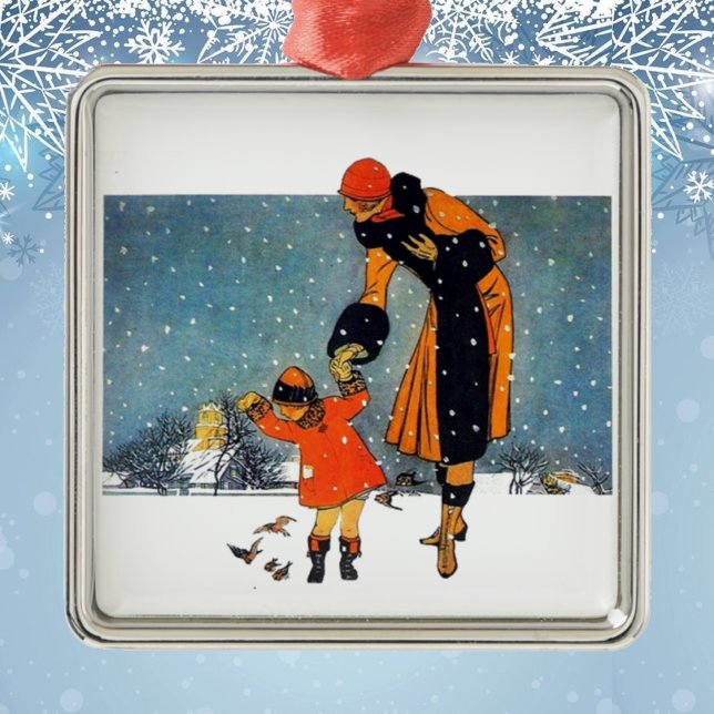 Ornement Ovale En Céramique Nourrir les oiseaux dans la neige (Créateur téléchargé)