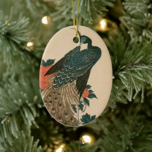 Ornement Ovale En Céramique Paon et pivoines par Hiroshige, Art japonais