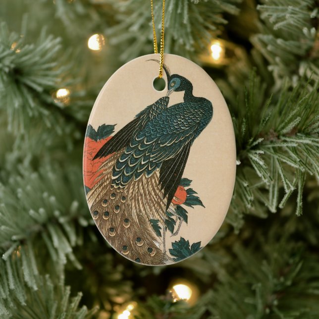 Ornement Ovale En Céramique Paon et pivoines par Hiroshige, Art japonais (Arbre)