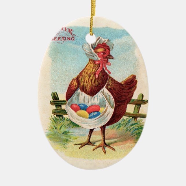 Ornement Ovale En Céramique Pâques Poulet De La Ferme Cute Oeufs Antiques (Devant)