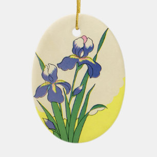 Ornement Ovale En Céramique Pâques vintage, fleurs d'iris de jardin violettes