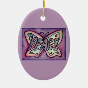 Ornement Ovale En Céramique Peace Butterfly Word Art Gift Holiday Ornament