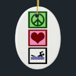 Ornement Ovale En Céramique Peace Love Swim<br><div class="desc">Un signe de paix,  un coeur et une personne qui nage en bleu. J'adore nager. Un grand cadeau pour un nageur ou un maître nageur.</div>
