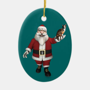 Ornement Ovale En Céramique Père Noël Avec Chat Calico