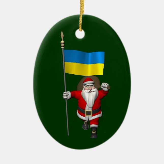 Ornement Ovale En Céramique Père Noël Avec L'Enseigne De L'Ukraine (Devant)