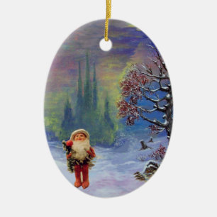ORNEMENT OVALE EN CÉRAMIQUE PÈRE NOËL DES GNOMES, RUBY ROUGE ET SAPPHIRE BLE