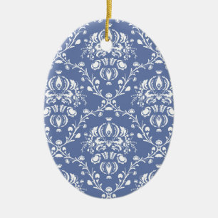 Ornement Ovale En Céramique Periwinkle Blue and White Damask