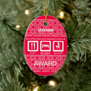 Ornement Ovale En Céramique Pink Funny Shopaholic Eat Sleep Shop Award