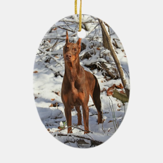 Ornement Ovale En Céramique Pinscher de dobermann en ornement de neige (Dos)