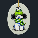 Ornement Ovale En Céramique Poodle de jouet Black Party Plaid Scarf<br><div class="desc">Parti Poodle art hivernal qui fait des voeux de vacances uniques,  des cadeaux et de la décoration. Art & design par Andie/Off-Leash Art™. Une partie de sa collection Dogs & Cats in Scarves & Casquette.</div>