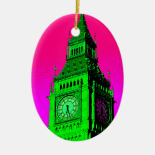 Ornement Ovale En Céramique Pop Art Big Ben Londres Voyage rose Vert
