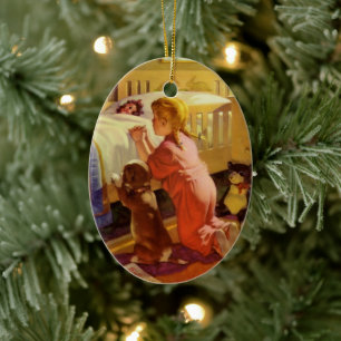 Ornement Ovale En Céramique Prières du coucher, fille avec chiot, religion vin