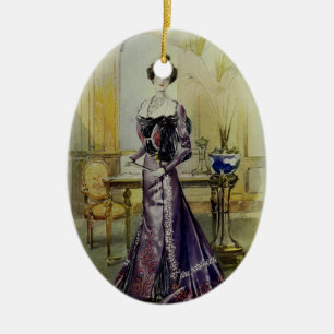 Ornement Ovale En Céramique Robe Mode-Jaune française de Dame-Cru victorien