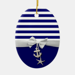 Ornement Ovale En Céramique Ruban blanc nautique et charmes de rayure bleue