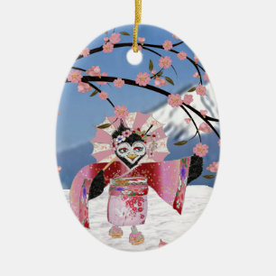 Ornement Ovale En Céramique Sakura Geisha Oiseau dans les Cerisiers en Fleur s