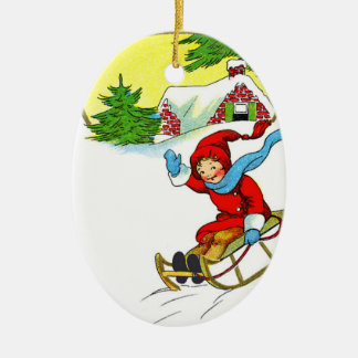 Ornement Ovale En Céramique Sledding de Noël